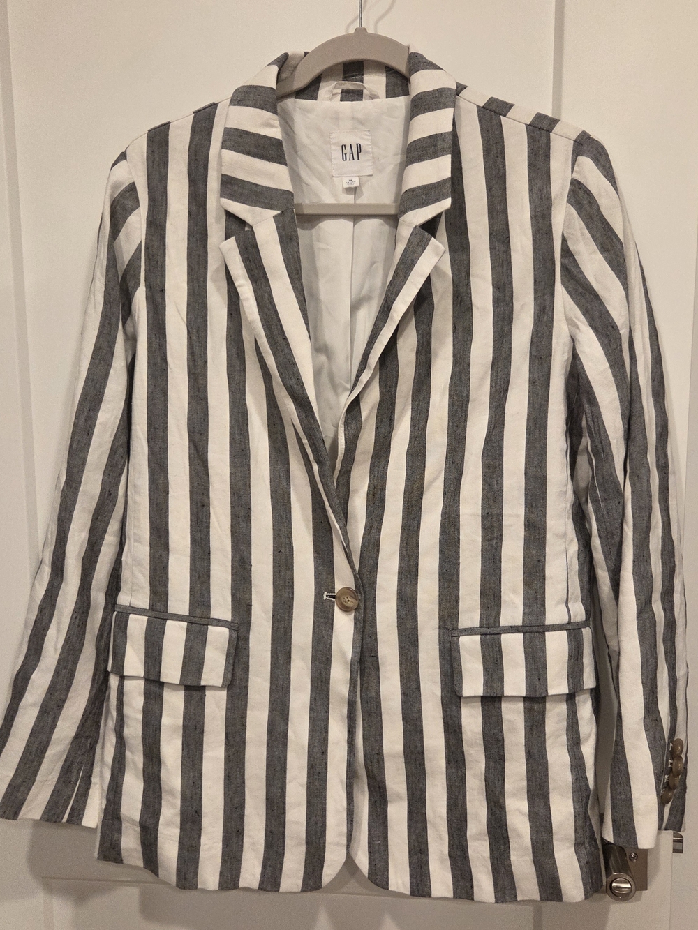 GAP Linen Blend Striped Blazer 14 Petite White Blue Nautical Coastal Preppy